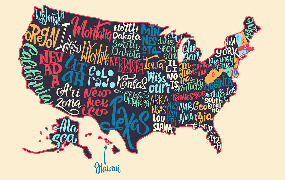 American map with all states written on it