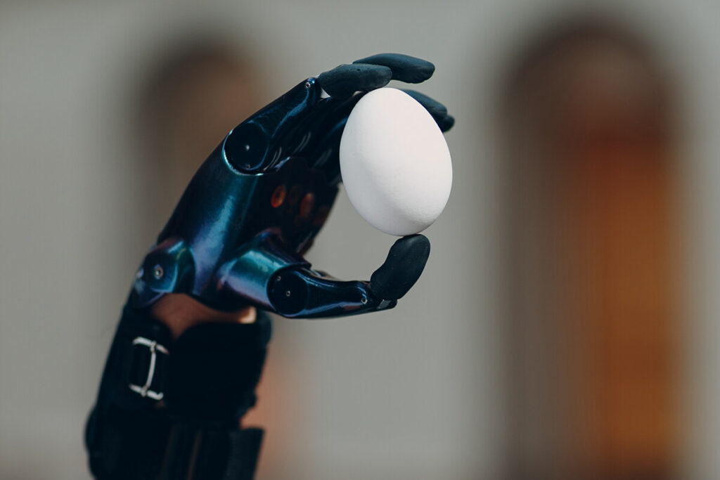 holding an egg with an modern bionic arm