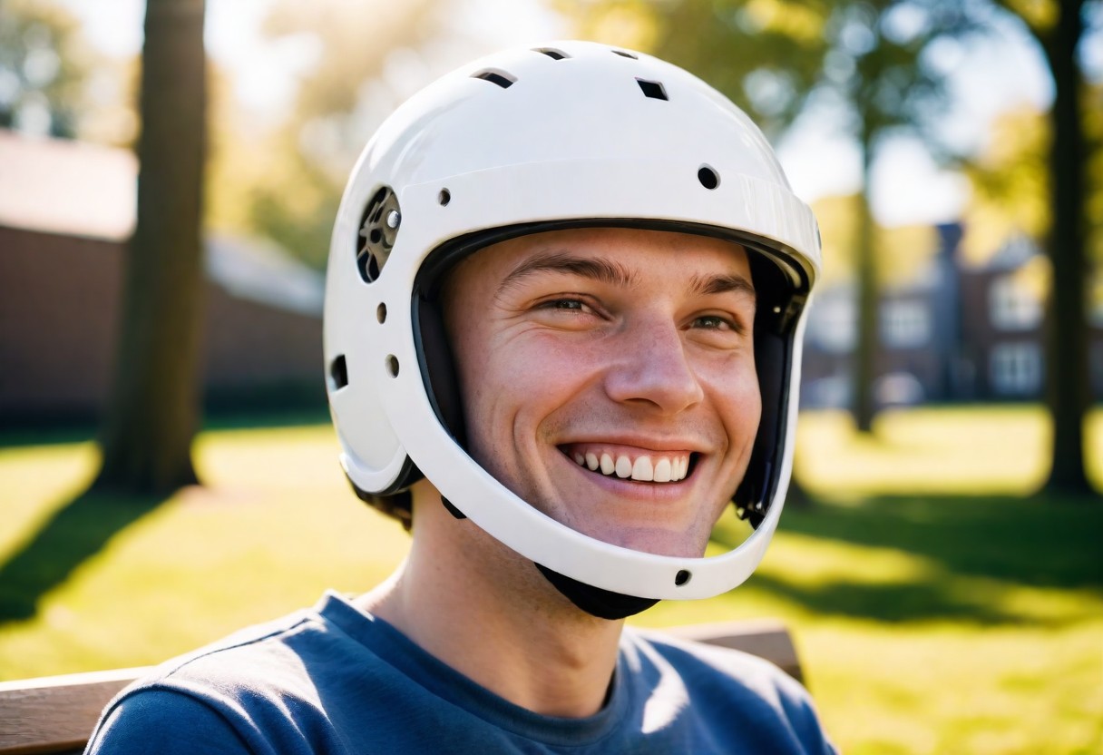 Man in his 20s sitting outside wearing a Craniotomy helmet sitting outside on a sunny day. Imagined by AI