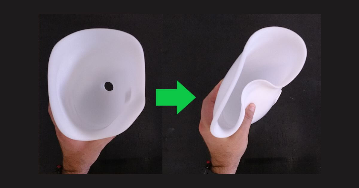 A person holding a flexible inner socket for a prosthetic limb, shown from two angles with a green arrow indicating its bendable and adaptable design.
