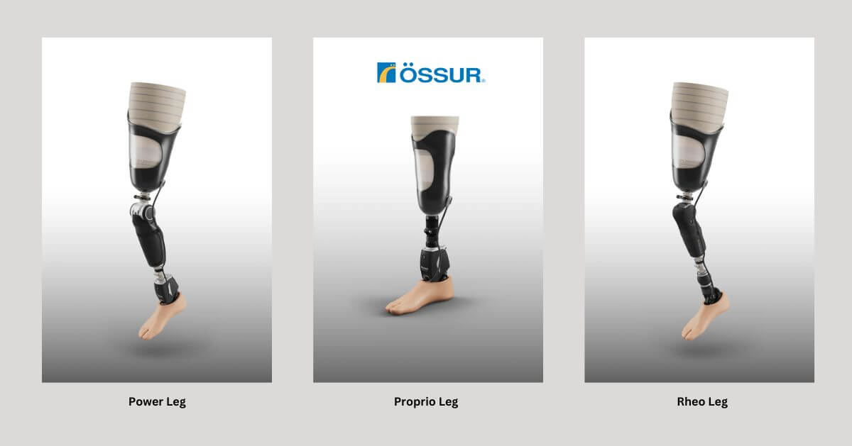 Three types of advanced Ossur bionic leg prosthetics: Power Leg on the left, Proprio Leg in the center, and Rheo Leg on the right.