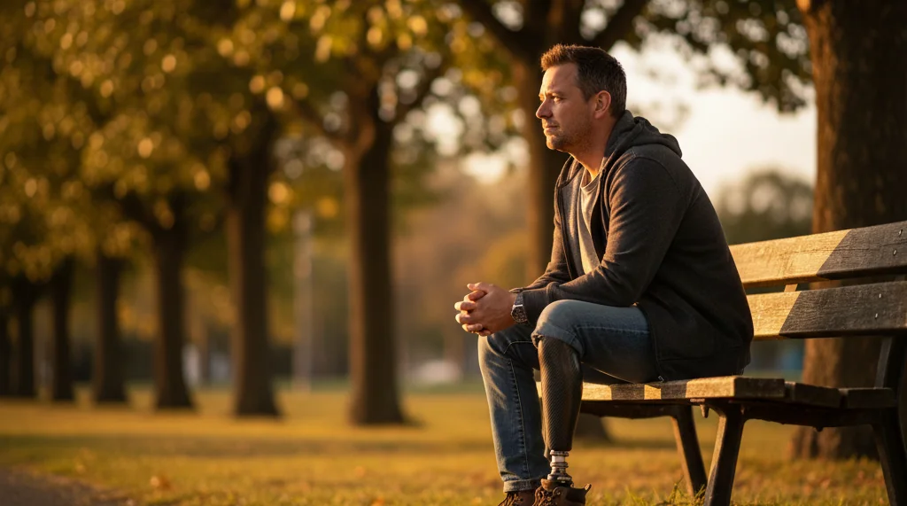 Man with below-knee prosthetic leg sitting thoughtfully on a park bench during golden hour