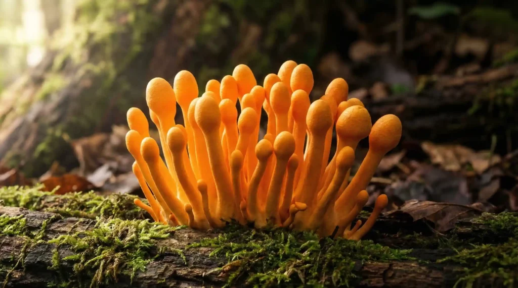 Bright orange Cordyceps militaris mushrooms growing in a cluster on a mossy forest floor