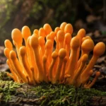 Bright orange Cordyceps militaris mushrooms growing in a cluster on a mossy forest floor
