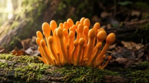 Bright orange Cordyceps militaris mushrooms growing in a cluster on a mossy forest floor