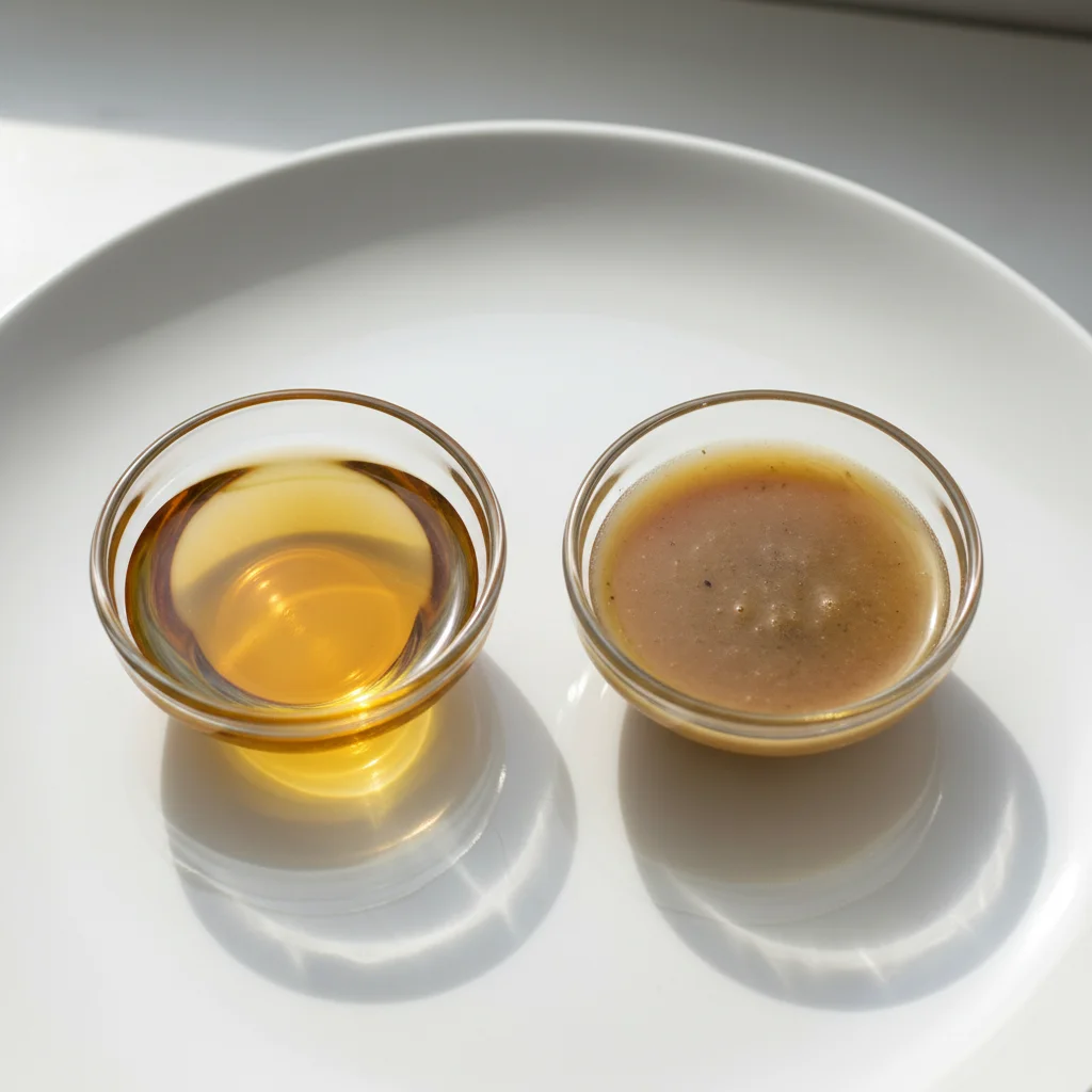 Two glass bowls comparing fresh golden fish oil and dark oxidized rancid fish oil side by side