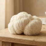 Fresh lion s mane mushroom with white cascading tendrils on a wooden table