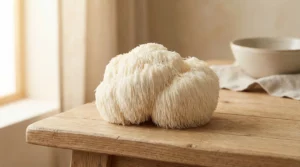 Fresh lion s mane mushroom with white cascading tendrils on a wooden table