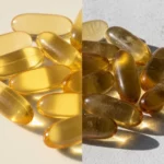 Side by side comparison of fresh golden omega-3 capsules and dark oxidized rancid fish oil capsules