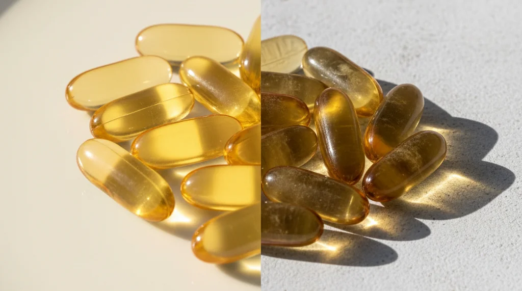 Side by side comparison of fresh golden omega-3 capsules and dark oxidized rancid fish oil capsules