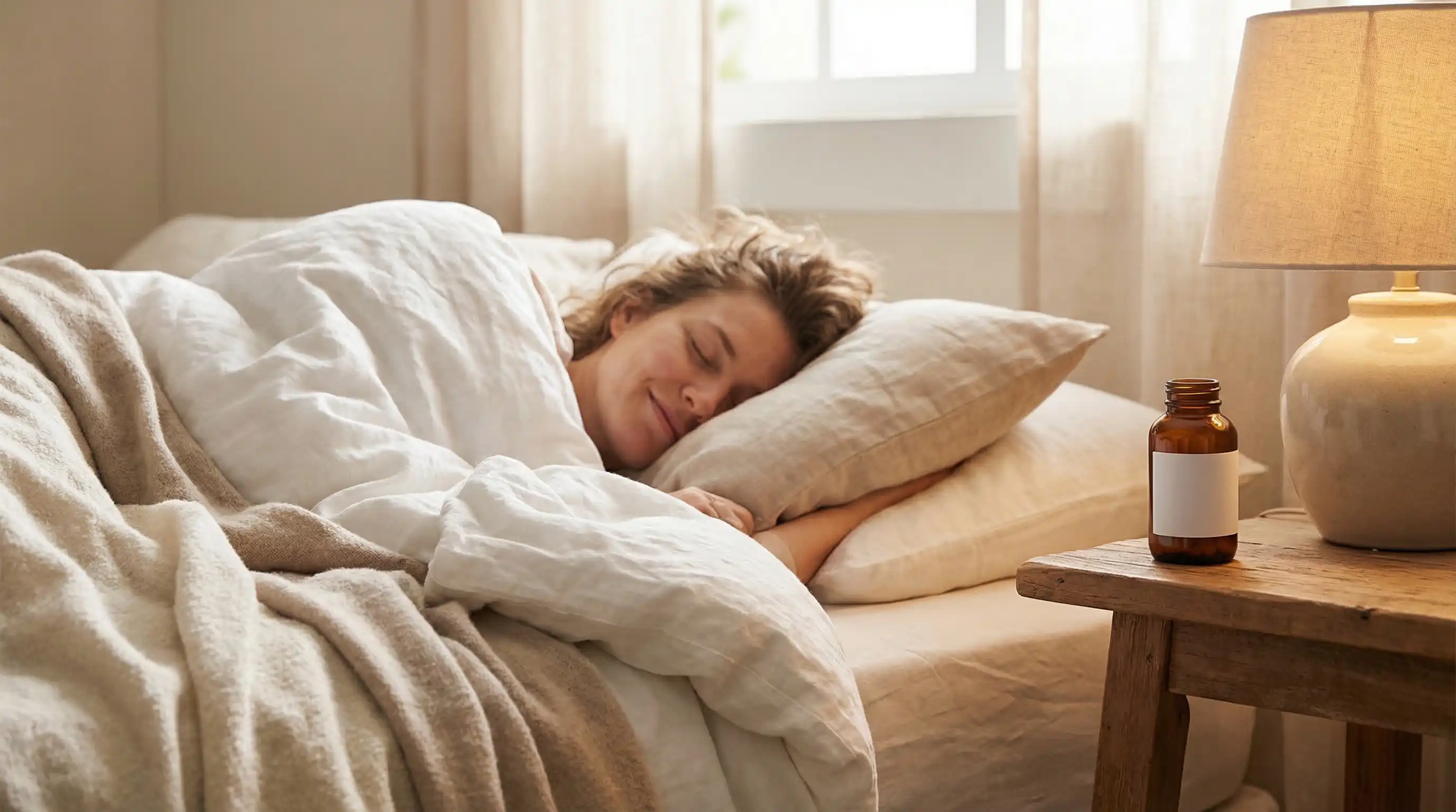 Person sleeping peacefully in bed with a bottle of lion's mane supplement on the nightstand