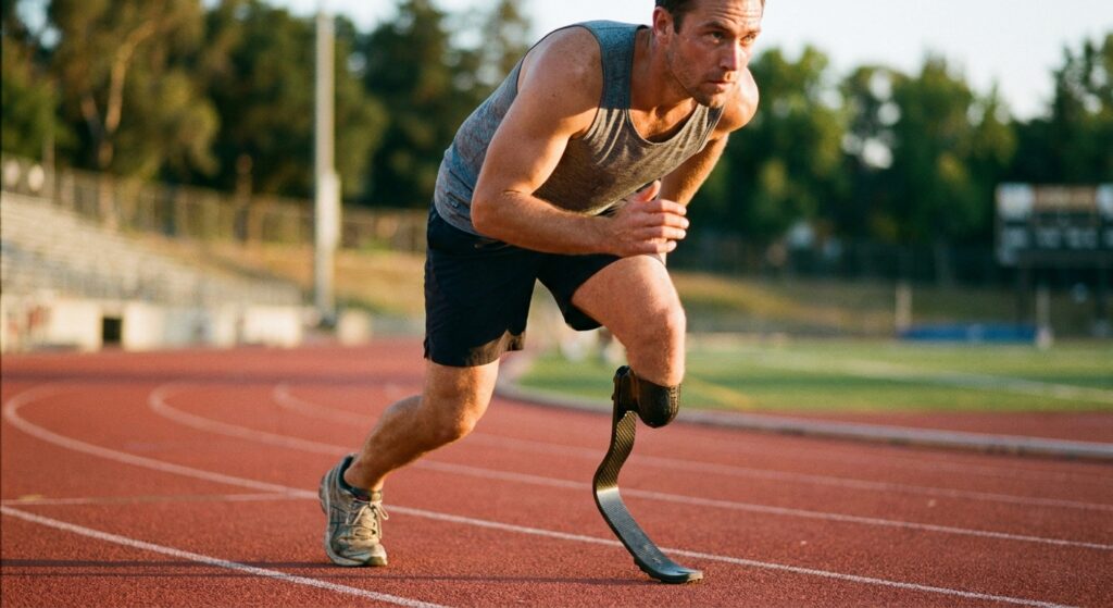 Amputee runner mid-stride on a track wearing a carbon fiber running blade prosthesis