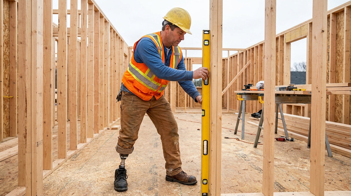 Construction worker wearing a heavy-duty above-knee prosthetic leg working on a residential framing jobsite