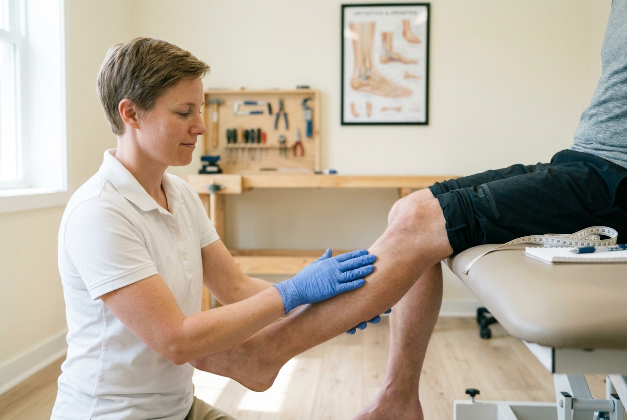 Orthotist in a white polo gently examining a person's lower leg during an initial fitting appointment