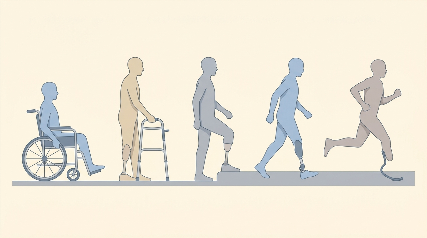 Spectrum illustration showing five silhouettes from wheelchair user to runner with blade, representing K0 through K4 mobility levels