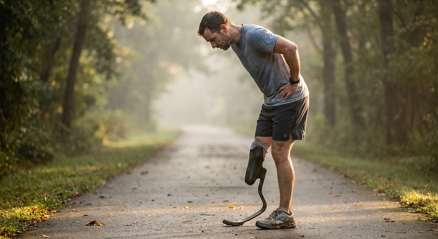 Amputee runner pausing on a paved park trail to check the fit of a carbon fiber running blade