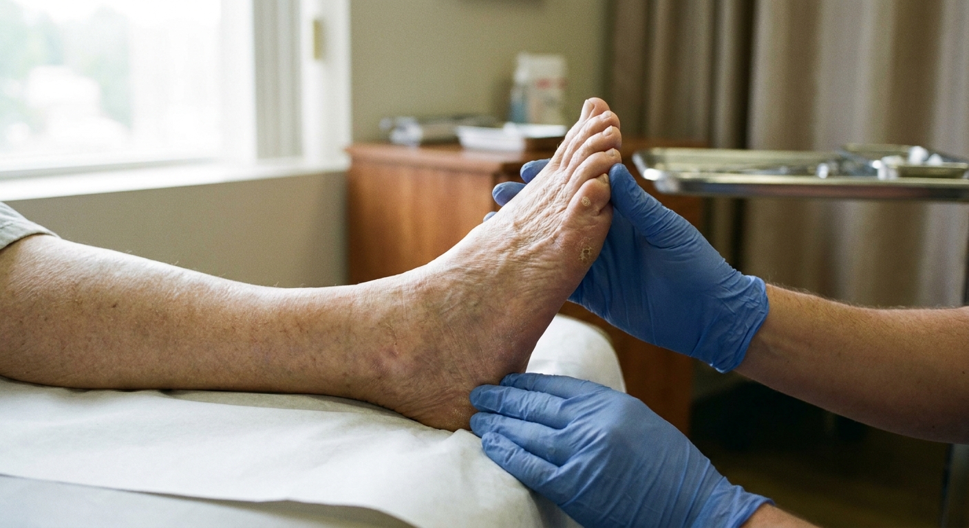 Clinician in gloves examining an older adult bare foot and toes during a clinic exam