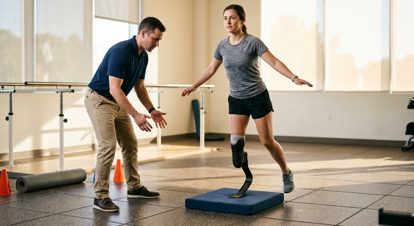 Amputee runner doing single-leg balance training on a running blade with a physical therapist