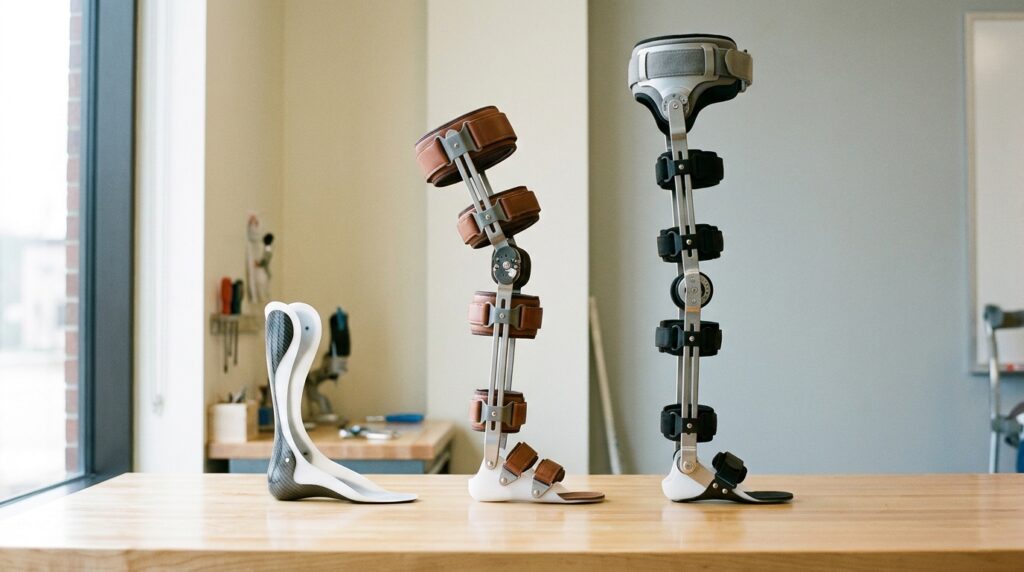 Three lower-limb orthotic braces, an AFO, KAFO, and HKAFO, displayed side by side on a clinic workbench