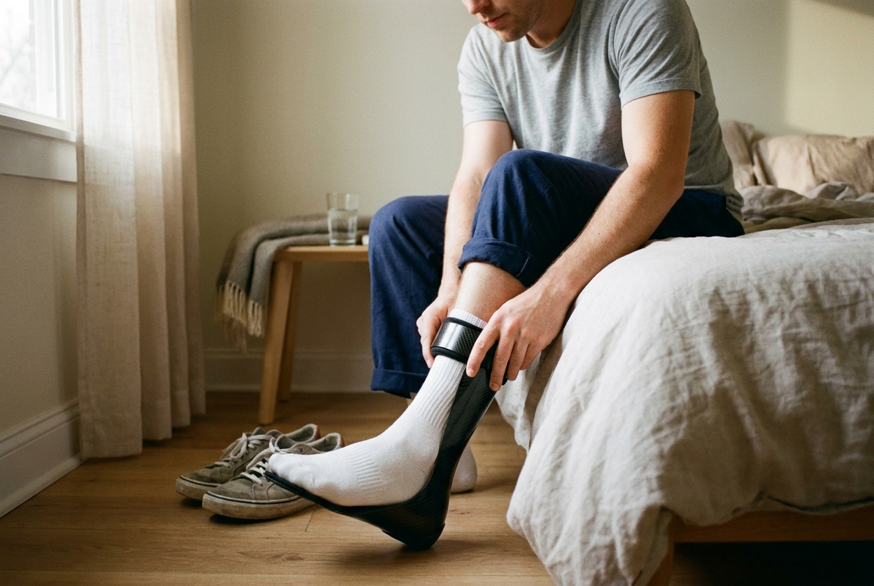 Person seated on the edge of a bed in the morning putting on a carbon-fiber ankle-foot orthosis over a white sock