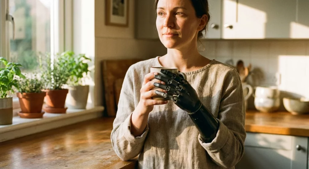 Woman with a black myoelectric transradial prosthetic arm holding a ceramic coffee mug in a sunlit modern kitchen
