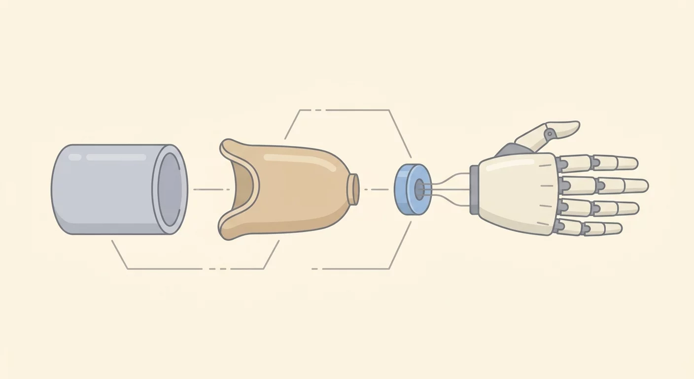Flat-vector exploded-view illustration of the main components of a prosthetic arm: silicone liner, socket, wrist unit, and prosthetic hand