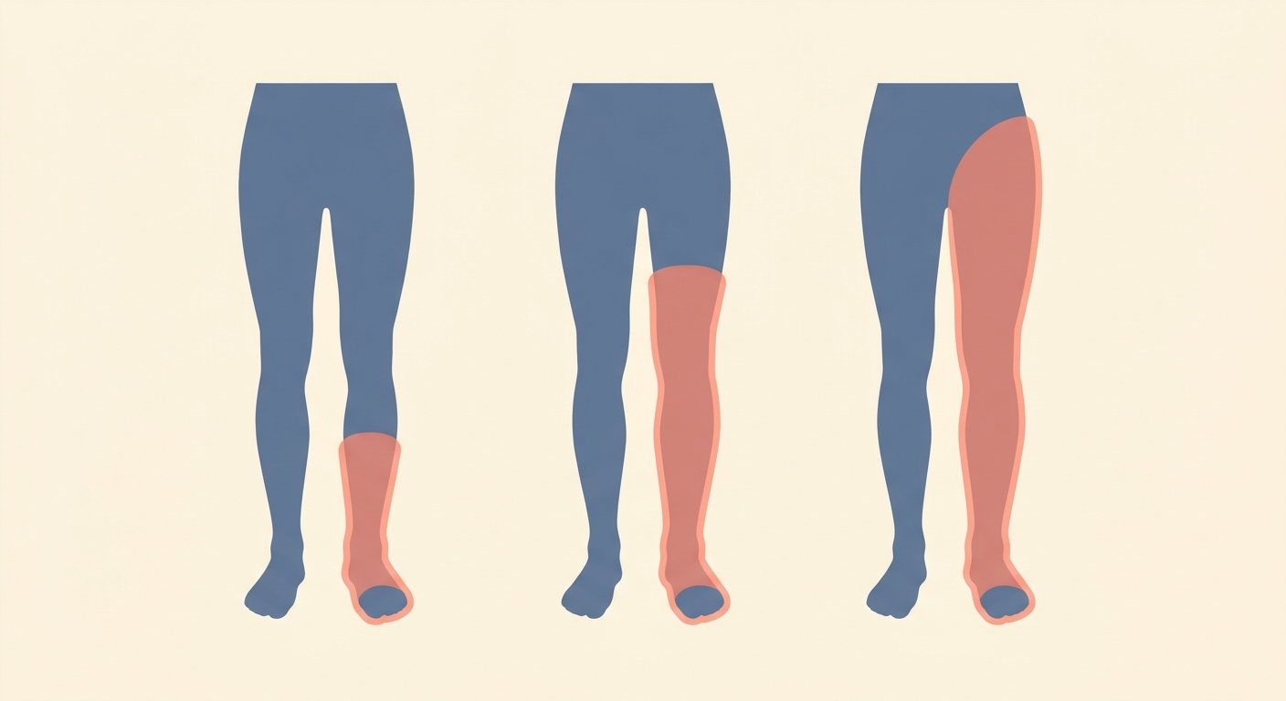 Three leg silhouettes side by side showing how AFO, KAFO, and HKAFO braces cover different portions of the lower limb