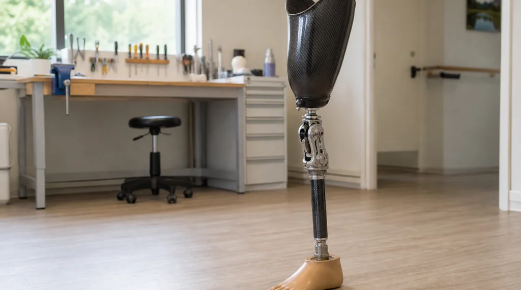 Above-knee prosthetic leg with a carbon socket, mechanical knee joint, and foot standing in a prosthetics clinic