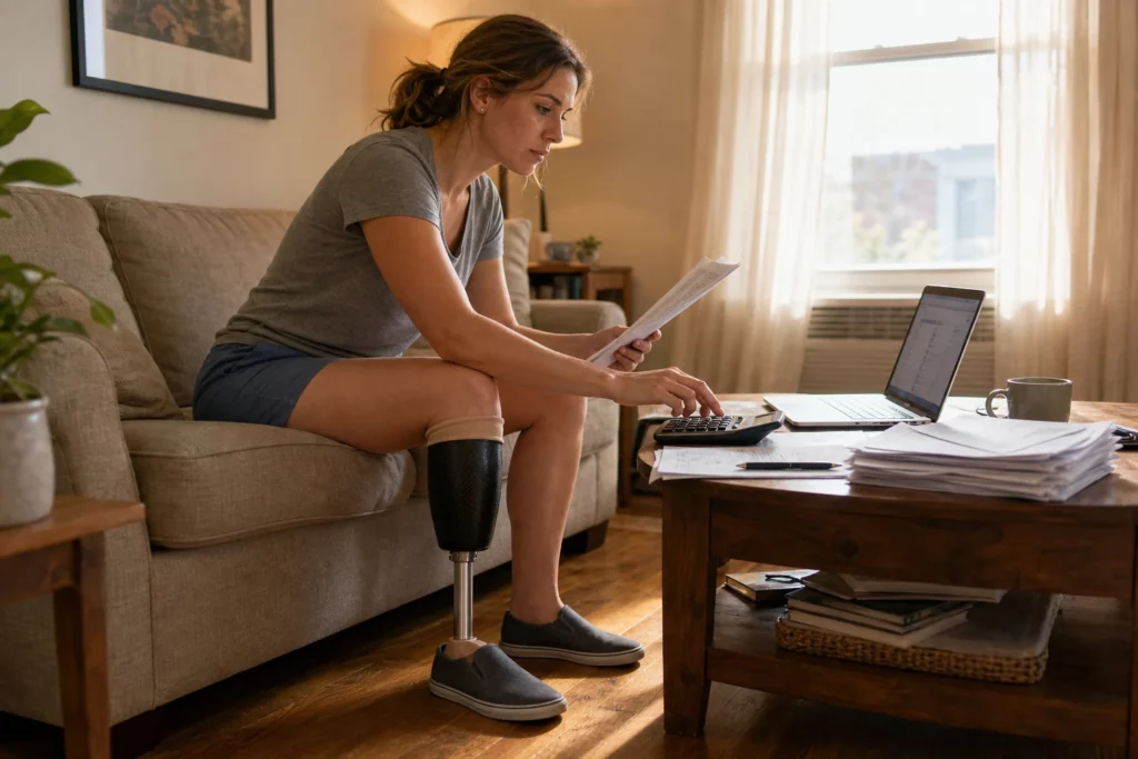 Young white woman amputee with a below-knee prosthesis seated on her sofa working through a stack of medical bills with a calculator at the coffee table, side profile showing the silicone liner above the carbon-fiber socket