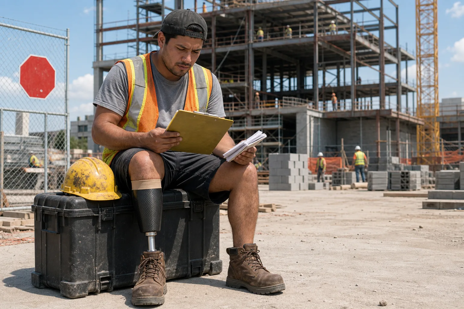 Construction worker with below-knee prosthesis sitting on a crate outside an industrial worksite reviewing paperwork on a clipboard with a yellow hardhat beside him