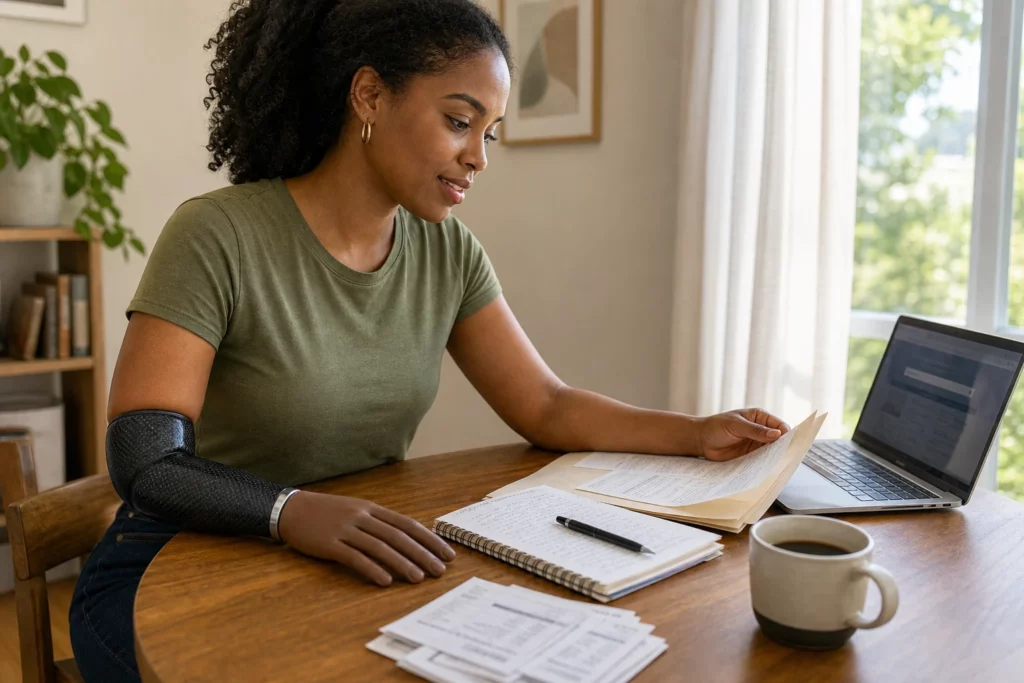 Young Black woman amputee with a modern multi-articulating myoelectric arm prosthesis sitting at her apartment dining table reviewing case documents with her laptop