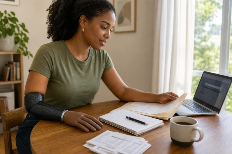 Young Black woman amputee with a modern multi-articulating myoelectric arm prosthesis sitting at her apartment dining table reviewing case documents with her laptop