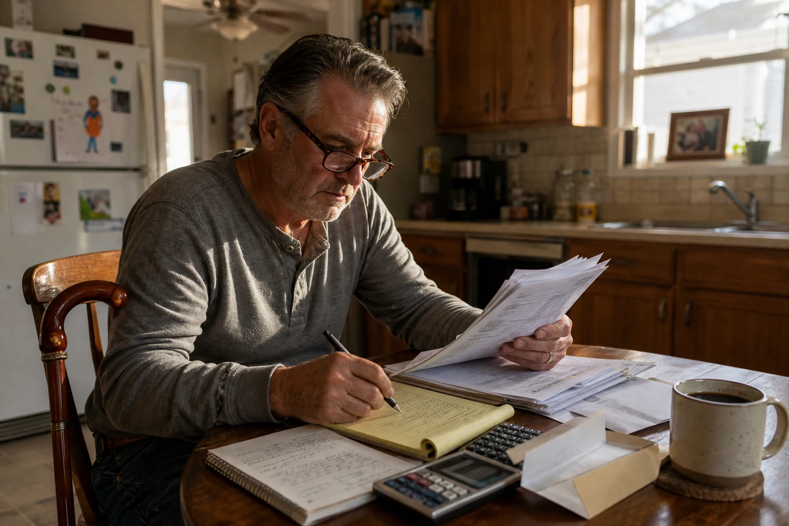 Man with a below-elbow myoelectric prosthesis at his kitchen table reviewing medical bills, insurance statements, and a calculator