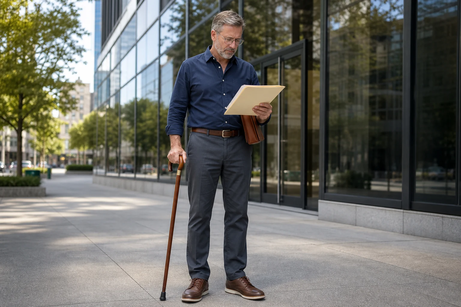 Man with above-knee prosthesis in dark slacks and a navy collared shirt walking purposefully past the glass doors of a modern professional office building, carrying a manila case folder