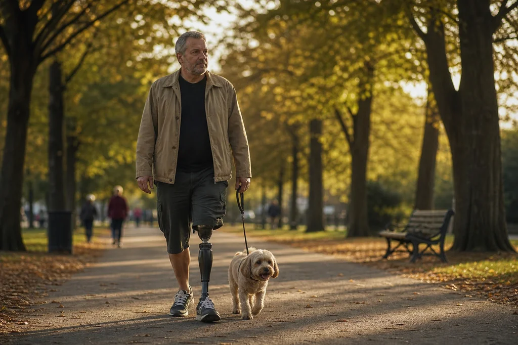Man with a below-knee prosthetic leg walking confidently down a tree-lined park pathway in autumn afternoon light with a small dog on a leash