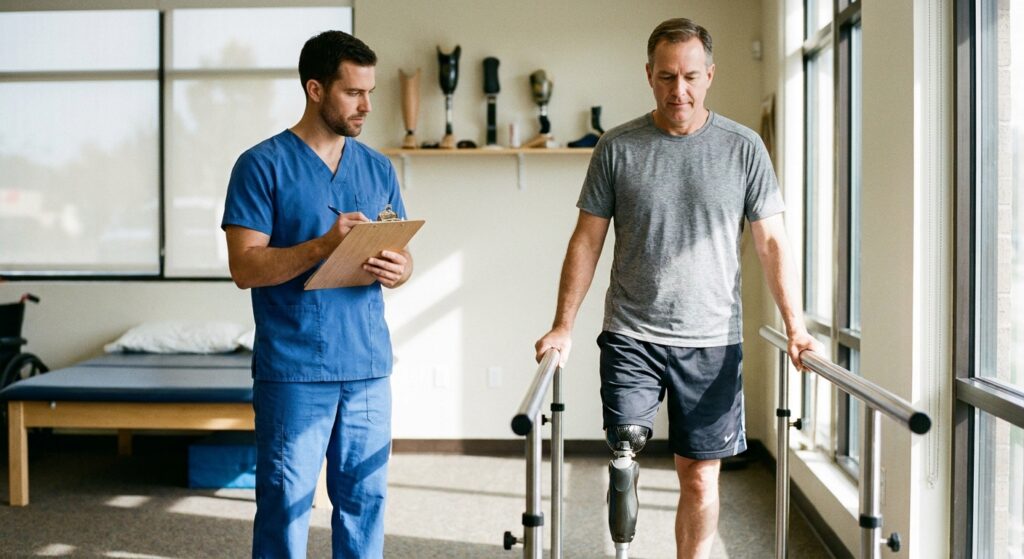 Physical therapist evaluating gait of a man with a below-knee prosthetic leg during a K-level assessment