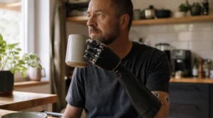 Adult amputee holding a ceramic coffee mug with a modern bionic prosthetic hand in a bright morning kitchen