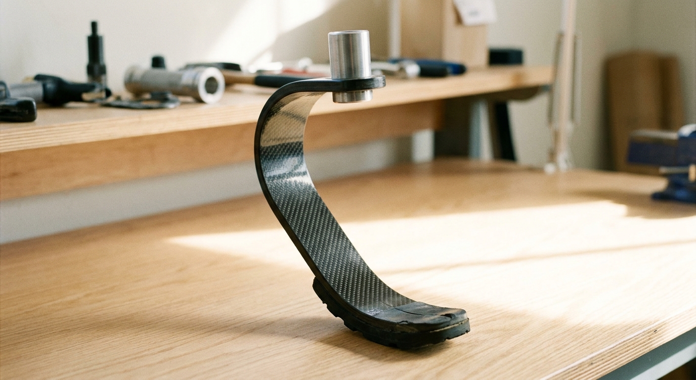 Close-up of a J-shaped carbon fiber running blade prosthesis on a workbench
