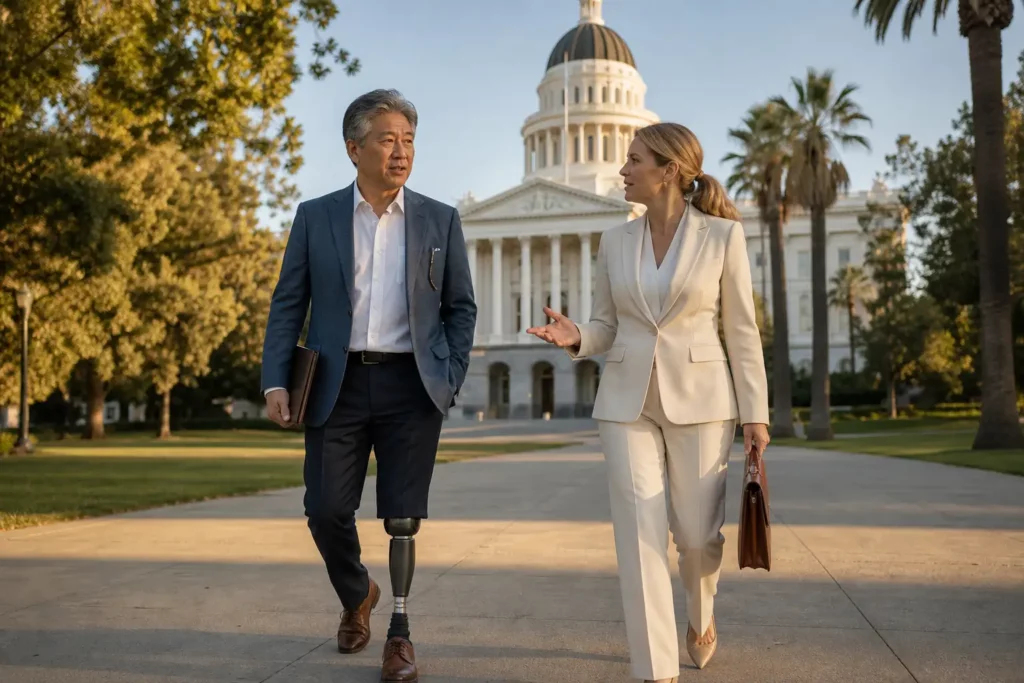 Korean American man amputee with below-knee prosthesis walking with his attorney on the grounds of the California State Capitol in Sacramento