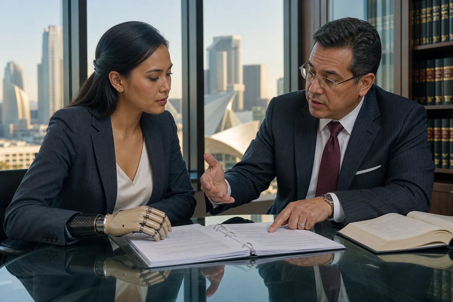 Filipino American woman amputee with partial-hand myoelectric prosthesis reviewing a settlement document with her attorney in a modern downtown Los Angeles law firm