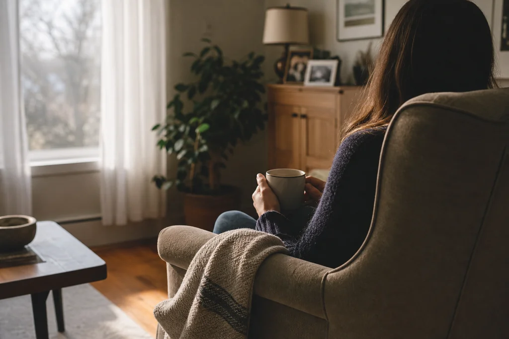 Person resting in an armchair by a window holding a warm mug, a calm moment that helps ease stress and pain