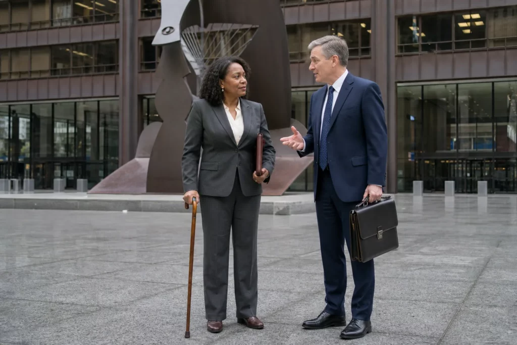 Black woman amputee with a walking cane standing with her attorney on the Daley Center plaza in front of the iconic untitled Picasso sculpture in downtown Chicago