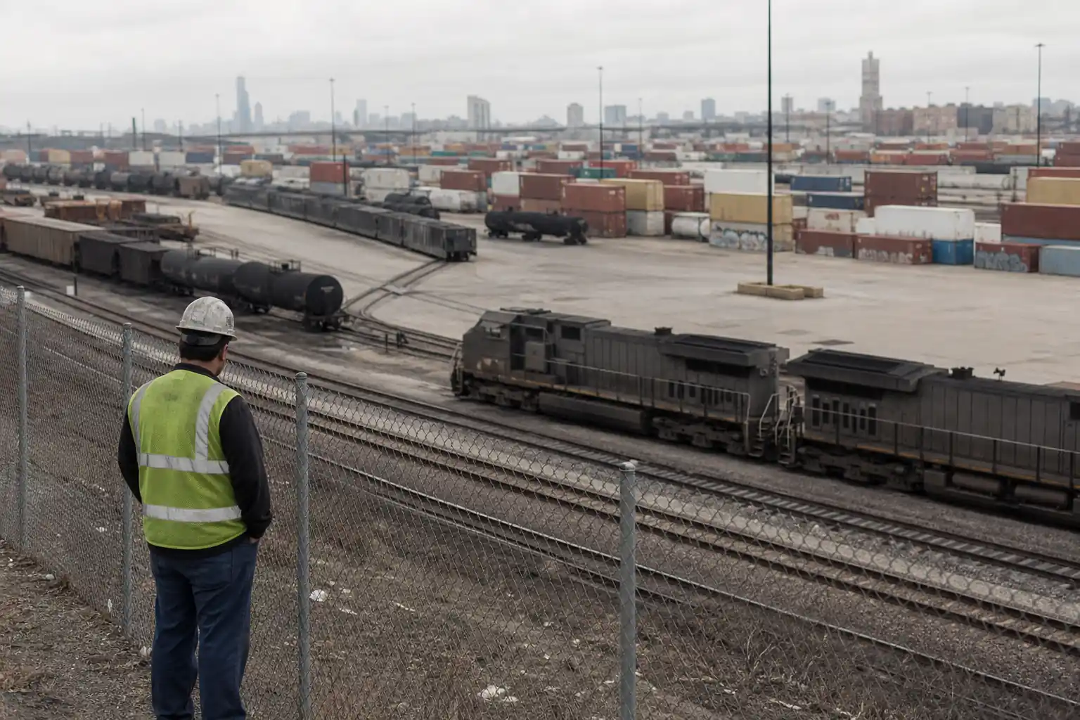 Vast Chicago rail freight yard with multiple parallel tracks, stacked intermodal shipping containers, tanker rail cars, and a diesel freight locomotive with the Chicago downtown skyline in the distant background and a railroad worker in hi-vis vest at the fence