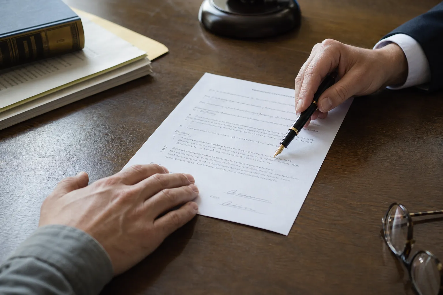 Lawyer in a suit holding a fountain pen and pointing at a printed contingency fee agreement on a wooden desk, with a second hand resting on the document near the signature line and a pair of reading glasses on the corner of the desk