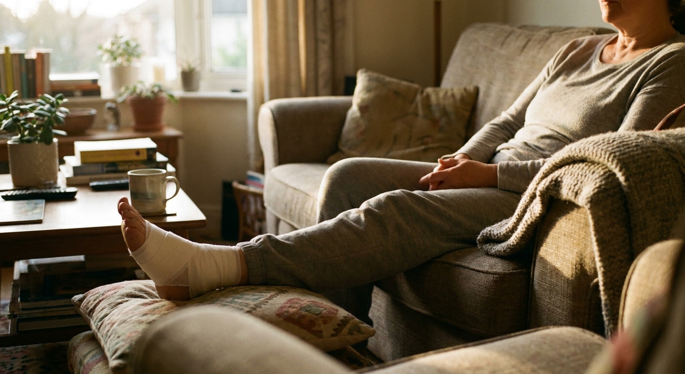 Person resting on a sofa with a clean bandaged foot elevated on a cushion during recovery
