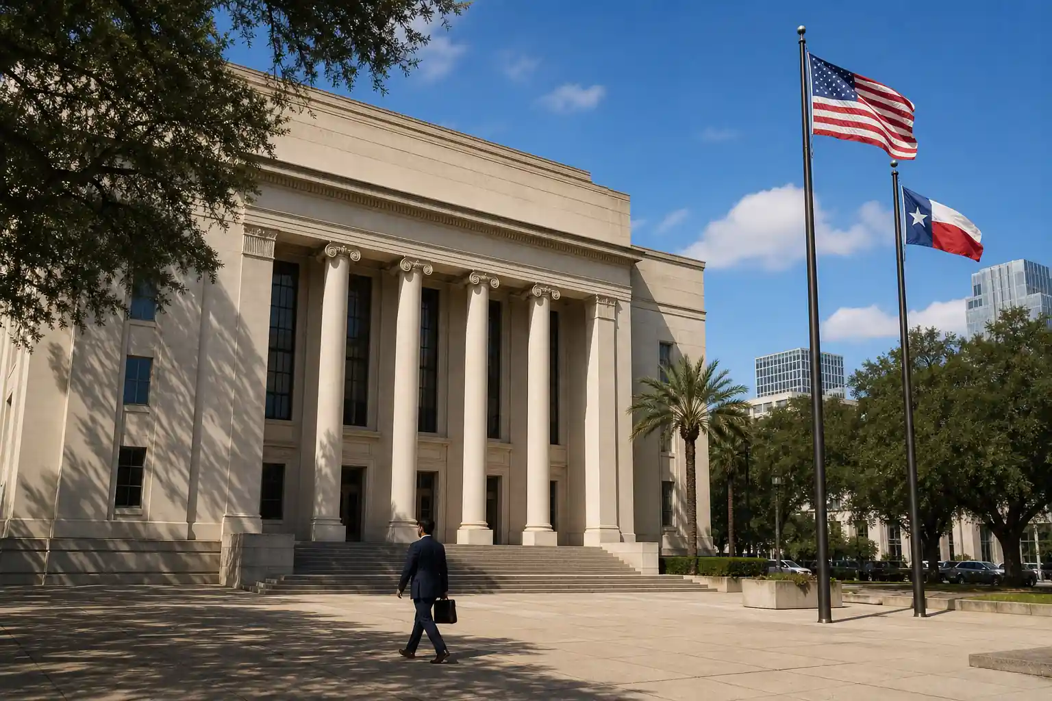 Neoclassical limestone courthouse facade in downtown Houston with columns, American and Texas flags on flagpoles, palm trees, and an attorney walking across the plaza with a briefcase