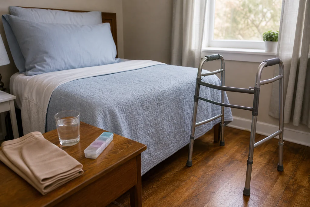 Calm home bedroom with a walker, compression garment, and water glass prepared for recovery after amputation