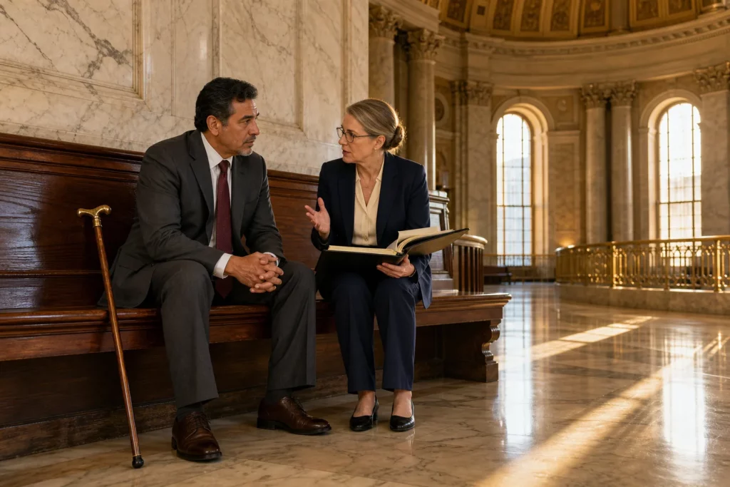 Latino client and his attorney having a quiet consultation on a wooden bench inside the marble rotunda of the Harris County Civil Courthouse in Houston, a wooden walking cane with a brass handle visible beside him
