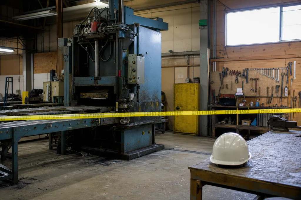 Industrial hydraulic press with yellow caution tape stretched in front of it and a safety hard hat on a nearby workbench, an empty workshop after an incident