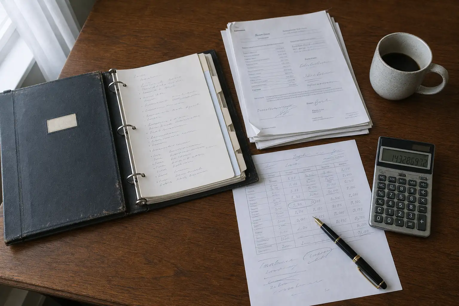 Open life care plan binder beside a stack of medical bills, a printed cost-projection worksheet with handwritten figures, a pocket calculator showing a long number, a fountain pen, and a ceramic coffee mug on a wooden desk